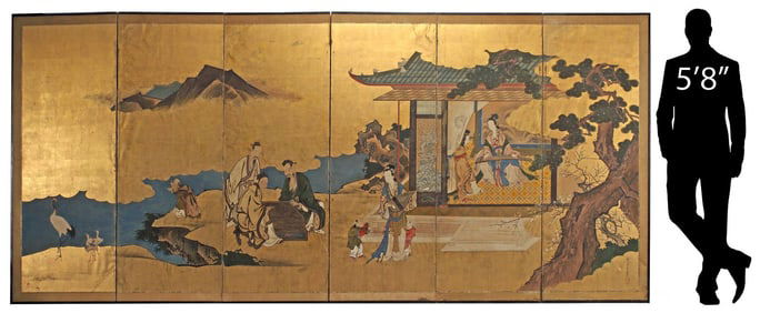 JAPANESE MEIJI ERA SIX-PANEL FOLDING SCREEN, 67"H