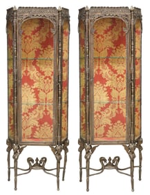 (2) TRANSITIONAL STYLE MARBLE-TOP PATINATED BRONZE VITRINE CABINETS
