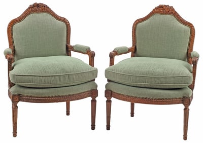 (2) LOUIS XVI STYLE GREEN-UPHOLSTERED FAUTEUILS