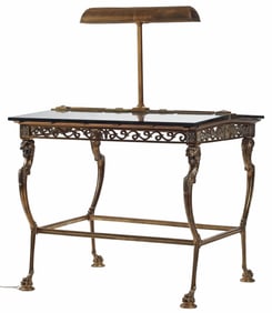 AMERICAN MARBLE-TOP BRONZE DOUBLE-SIDED BANK LOBBY TABLE