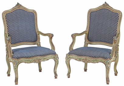 (2) ITALIAN ROCOCO STYLE PAINT-DECORATED & UPHOLSTERED FAUTEUILS