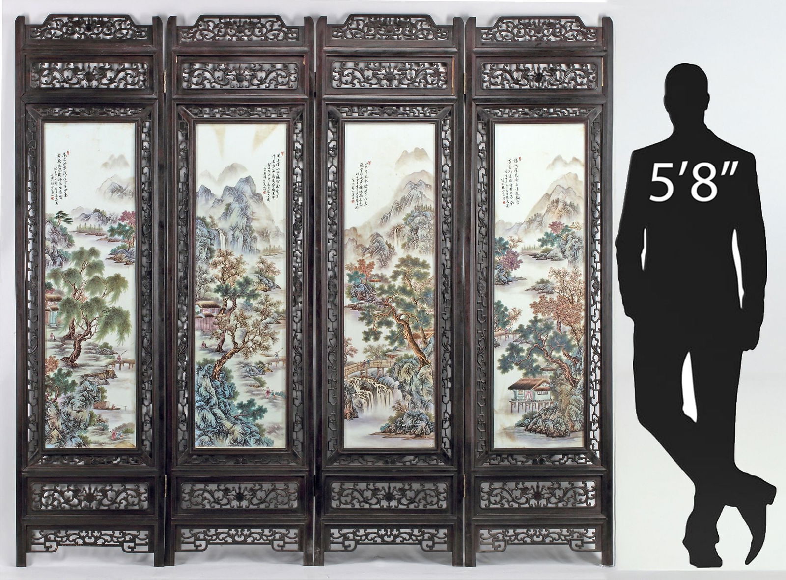 CHINESE PORCELAIN-INSET HARDWOOD 4-PANEL FLOOR SCREEN, 74"H (1 of 8)