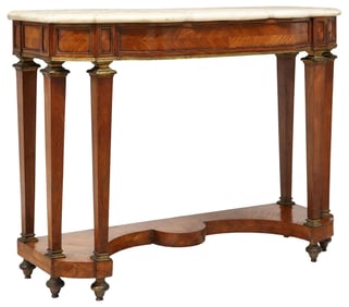 NEOCLASSICAL MATCHED VENEER CONSOLE TABLE, HIGHLY CARVED MARBLE TOP