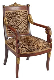 FRENCH EMPIRE ANIMAL PRINT UPHOLSTERED MAHOGANY ARMCHAIR
