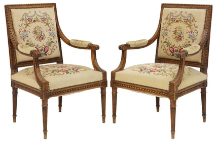(2) FRENCH LOUIS XVI STYLE CARVED WALNUT NEEDLEPOINT FAUTEUILS