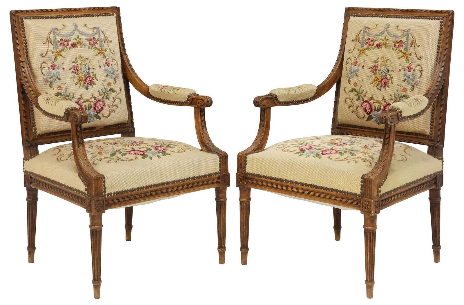 (2) FRENCH LOUIS XVI STYLE CARVED WALNUT NEEDLEPOINT FAUTEUILS (1 of 3)