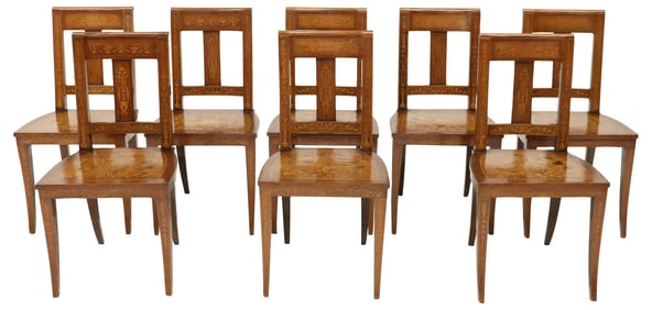 (8) ITALIAN NEOCLASSICAL MAGGIOLINI STYLE MARQUETRY DINING CHAIRS