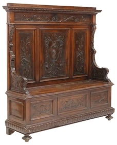 ITALIAN RENAISSANCE REVIVAL CARVED WALNUT HALL BENCH