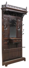 FRENCH GOTHIC REVIVAL CARVED & MIRRORED OAK HALL TREE, 93"H
