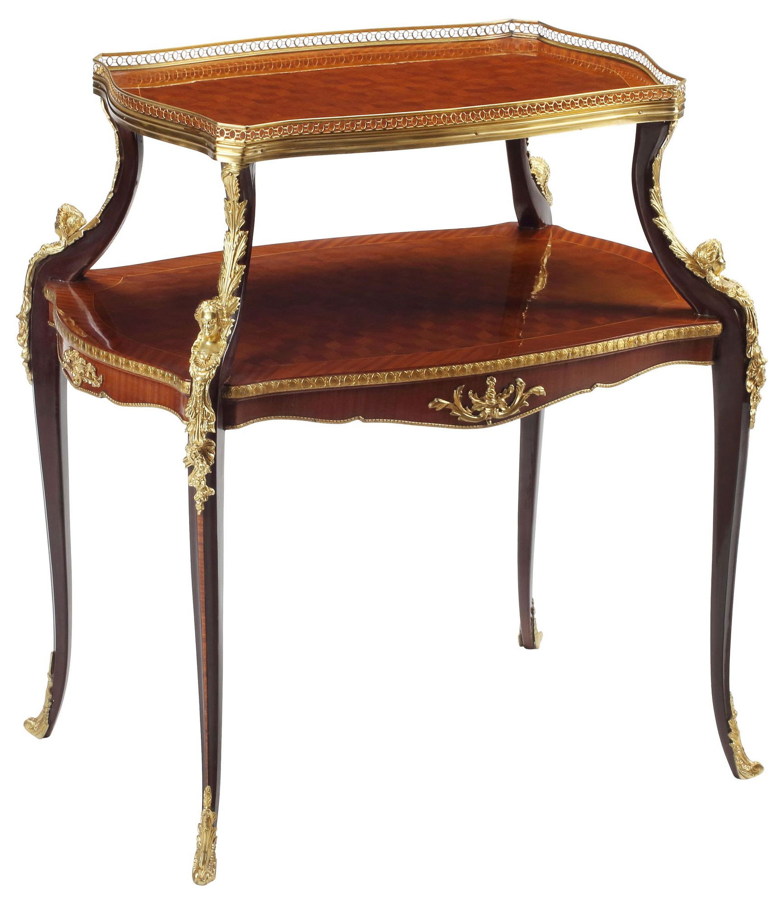 TRANSITIONAL STYLE ORMOLU-MOUNTED PARQUETRY TEA TABLE: Transitional style parquetry tea table, two graduated cartouche-shaped tiers, the top tier enclosed by a pierced gallery, cabriole legs with espagnolette angle mounts, on foliate-cast sabots, approx 3