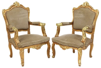 (2) LARGE ITALIAN LOUIS XV STYLE UPHOLSTERED GILTWOOD ARMCHAIRS