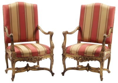 (2) REGENCE STYLE SILK-UPHOLSTERED GILTWOOD ARMCHAIRS