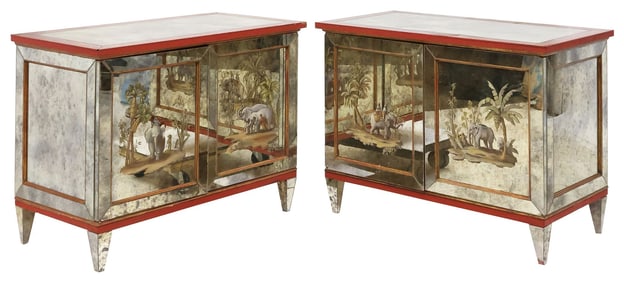 (2) ORIENTALIST STYLE PAINT-DECORATED VERRE EGLOMISE SIDE CABINETS