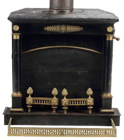FRENCH EMPIRE STYLE IRON STOVE WITH FENDER & CHENETS