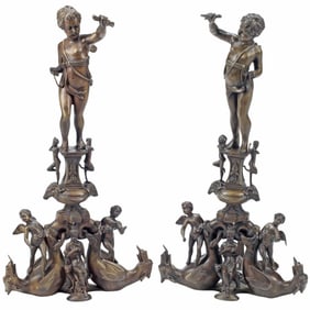 (2) LARGE RENAISSANCE ROCCATAGLIATA STYLE FIGURAL BRONZE CHENETS, 32"H