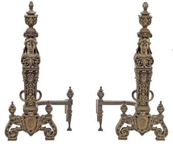 (2) LARGE FRENCH EMPIRE PATINATED BRONZE FIREPLACE CHENETS, 39"H