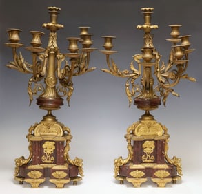 (2) LARGE LOUIS XVI STYLE ORMOLU-MOUNTED ROUGE MARBLE 7-LT CANDELABRA