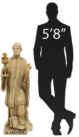 LARGE FRENCH CARVED & PAINTED WOOD FIGURE OF A MONK SAINT, 42"H