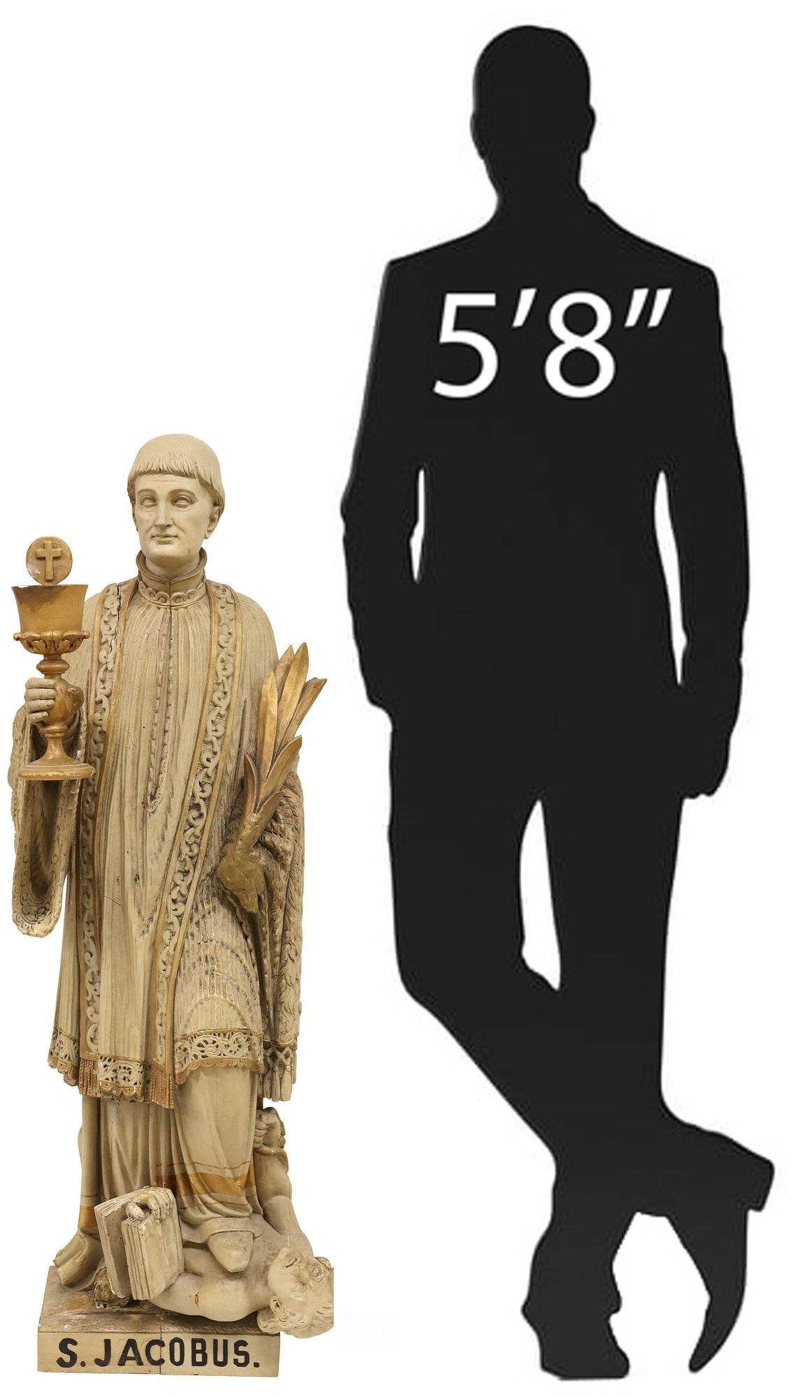 LARGE FRENCH CARVED & PAINTED WOOD FIGURE OF A MONK SAINT, 42"H (1 of 5)