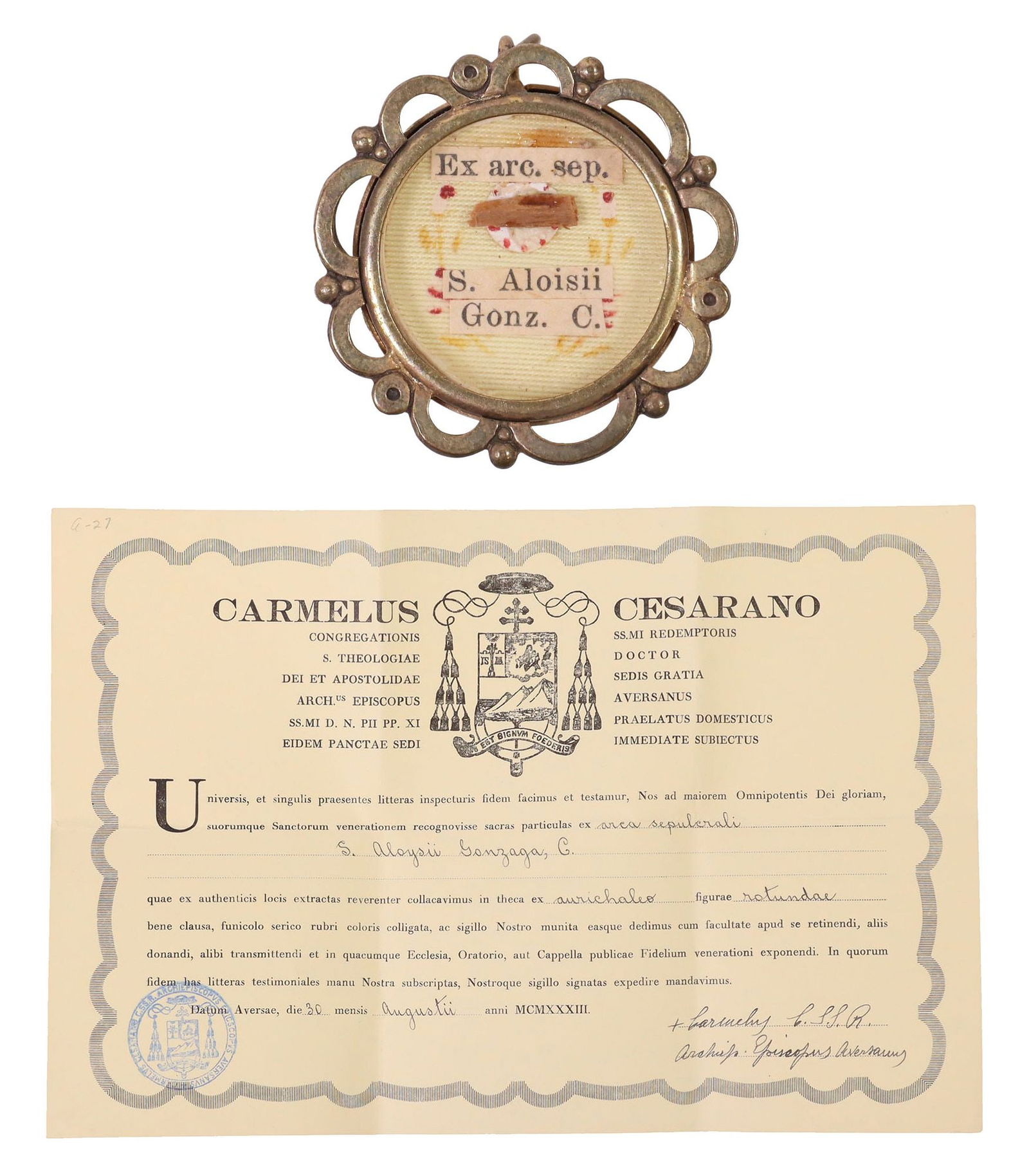 2ND-CLASS RELIC OF ST. ALOYSIUS GONZAGA IN THECA RELIQUARY WITH COA (1 of 5)