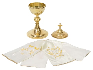 (2) LITURGICAL SILVER-GILT CIBORIUM & EMBROIDERED SILK COMMUNION VEIL