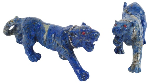(2) JEWELED LAPIS LAZULI ROARING TIGER SCULPTURES