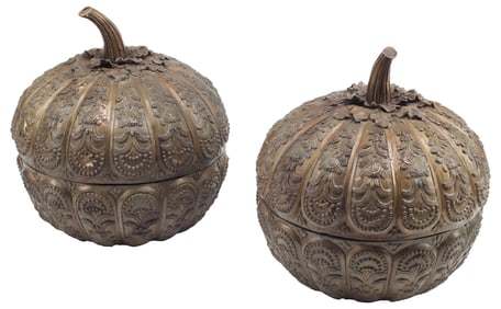 (2) LARGE PATINATED BRONZE PUMPKIN-FORM BOXES, 18"DIAM