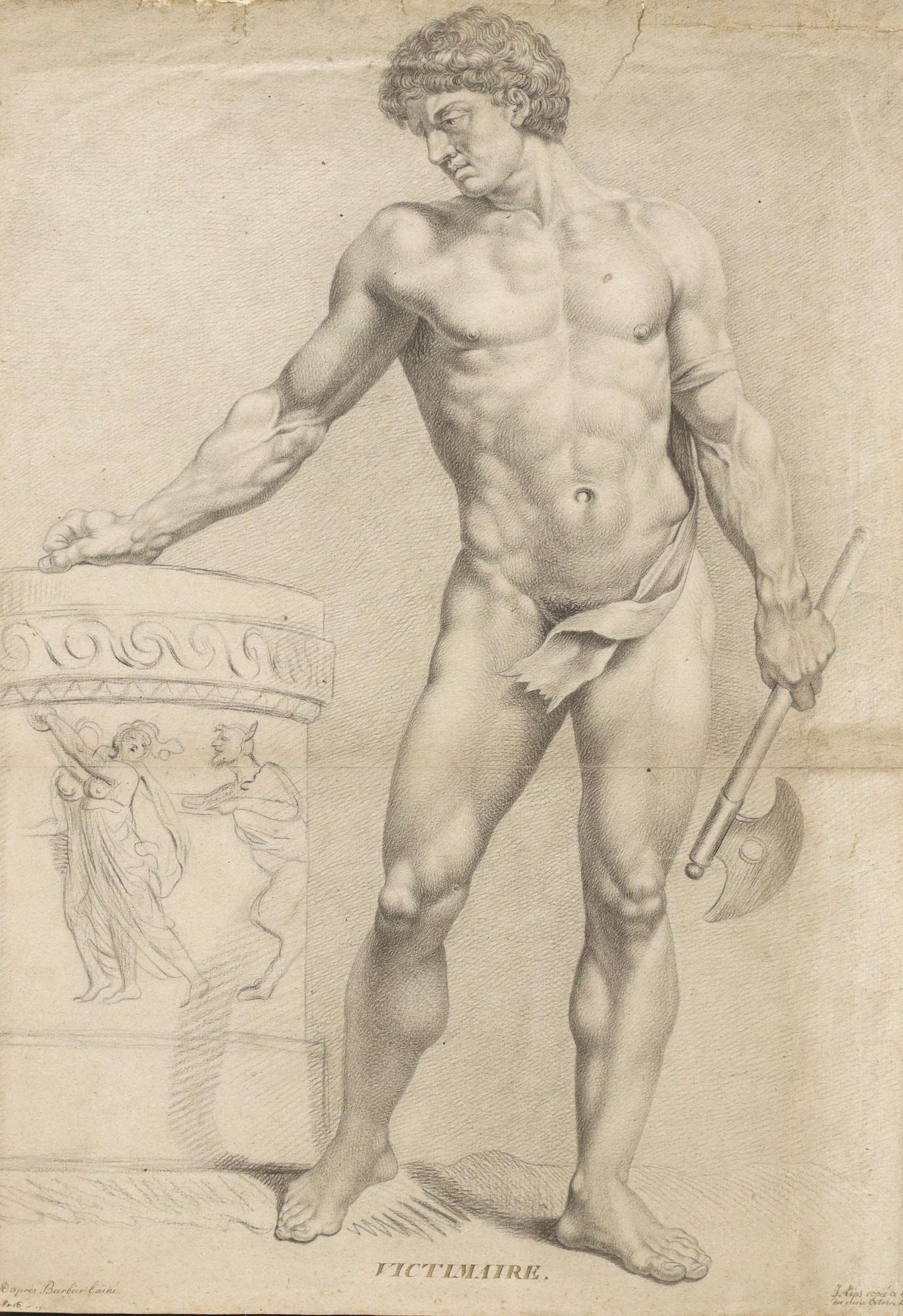 JOHANN HEINRICH LIPS (1758-1817) DRAWING MALE NUDE 'VICTIMAIRE': Framed black chalk on paper drawing, "Victimaire," signed lower right J. Lips (Johann Heinrich Lips, Swiss, 1758-1817), dated October 6, 1806, after Jean-Jacques-Francois Le Barbier, called