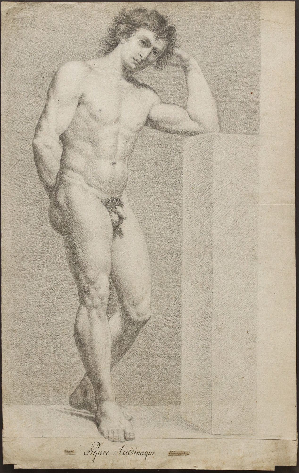 JOHANN HEINRICH LIPS (1758-1817) DRAWING MALE NUDE 'FIGURE ACADEMIQUE': Framed black chalk on paper drawing, "Figure Academique," signed lower left H. Lips del. (Johann Heinrich Lips, Swiss, 1758-1817), sheet: approx 21 5/8"h, 13 5/8"w, overall: 25.5&q