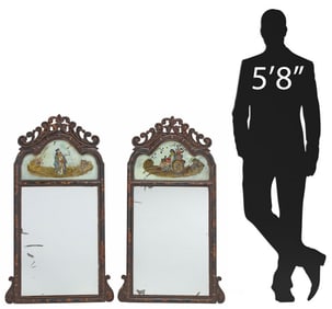 (2) GEORGIAN STYLE JAPANNED EGLOMISE MIRRORS, 41"H