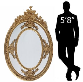 LARGE LOUIS XVI STYLE GILT OVAL PARCLOSE MIRROR, 73"H