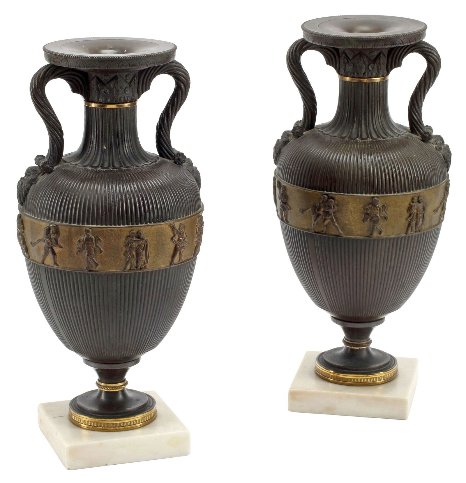 (2) CONTINENTAL NEOCLASSICAL PATINATED BRONZE AMPHORA: (pair) Continental Neoclassical patinated and gilt-bronze garniture, 19th c., each having ribbed amphora-form body, pair of scrolled handles with Bacchus mask joins, above the frieze with figures in r