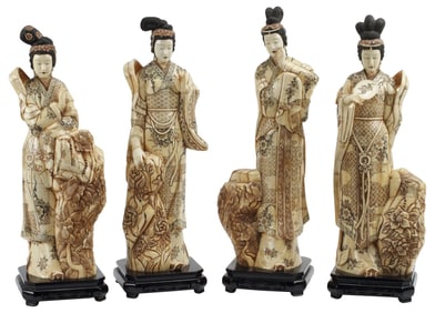 (4) ASIAN BONE-TILED FIGURES ON WOOD BASES