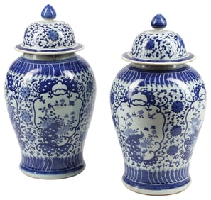 (2) CHINESE BLUE & WHITE PORCELAIN COVERED TEMPLE JARS