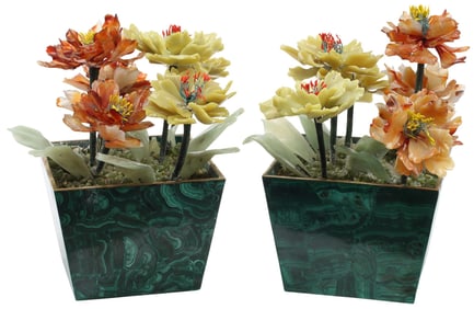 (2) CHINESE HARDSTONE PEONY FLOWERS IN MALACHITE CACHEPOTS