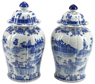 (2) LARGE CHINESE BLUE & WHITE PORCELAIN FLUTED TEMPLE JARS