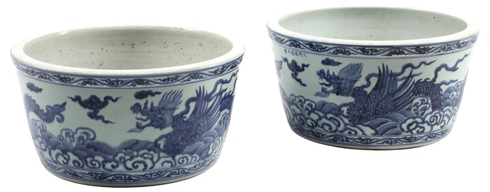 (2) LARGE CHINESE BLUE & WHITE 'DRAGON' BASINS OR PLANTERS