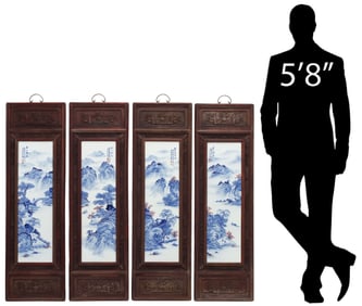 (4) FRAMED CHINESE BLUE & WHITE PORCELAIN WALL PLAQUES, 47"H
