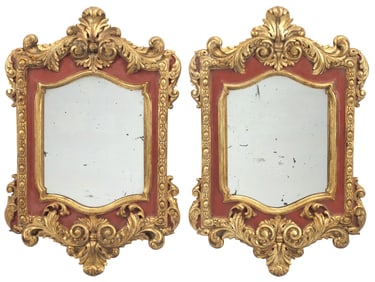 (2) ITALIAN BAROQUE STYLE PARCEL-GILT & RED-PAINTED MIRRORS