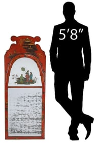 GEORGIAN STYLE RED JAPANNED & CHINOISERIE-PAINTED MIRROR, 54.25"H