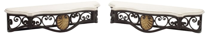 (2) LARGE MARBLE-TOP WROUGHT IRON WALL BRACKETS OR CONSOLE TABLES