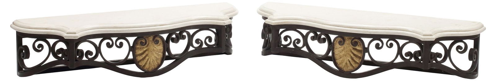 (2) LARGE MARBLE-TOP WROUGHT IRON WALL BRACKETS OR CONSOLE TABLES: (pair) Marble-top wrought iron wall-mounted consoles/ brackets, each having parcel-gilt shell motif, in scrolled surround, approx 11"h, 47"w, 14.5"d