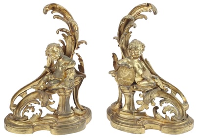 (2) FRENCH LOUIS XV STYLE ORMOLU CHERUB FIREPLACE CHENETS