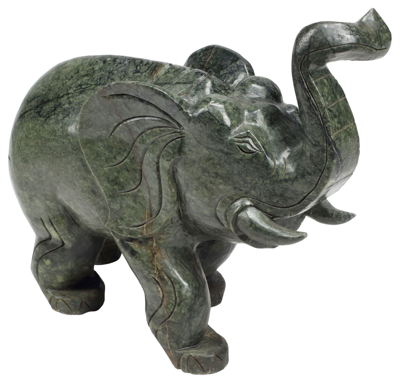 LARGE CARVED GREEN HARDSTONE MODEL OF AN ELEPHANT (1 of 4)