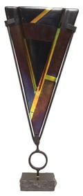 SIGNED POSTMODERN FUSED ART GLASS VESSEL ON STAND