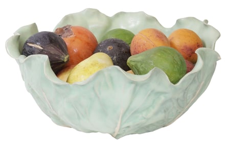 ITALIAN CARVED & PAINTED STONE FRUIT IN LETTUCE-WARE BOWL