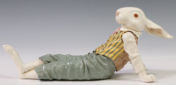 WARD KEN SANTA FE GLAZED CERAMIC WHITE RABBIT IN WAISTCOAT