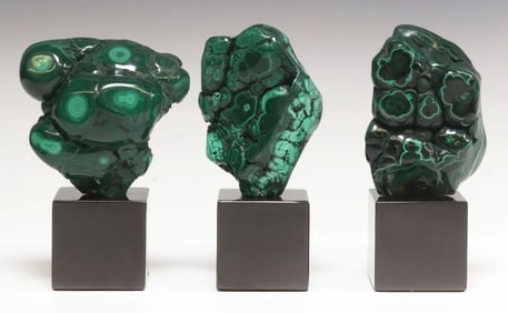 (3) GEOLOGICAL POLISHED MALACHITE SPECIMENS ON MARBLE BASES