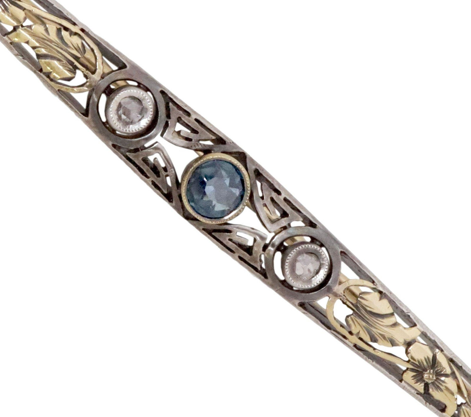 ESTATE SILVER-TOPPED 18KT GOLD SAPPHIRE & DIAMOND BAR PIN (1 of 6)