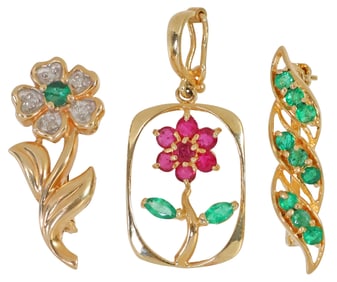 (3) ESTATE 14KT YELLOW GOLD & GEMSTONE PENDANT & BROOCHES